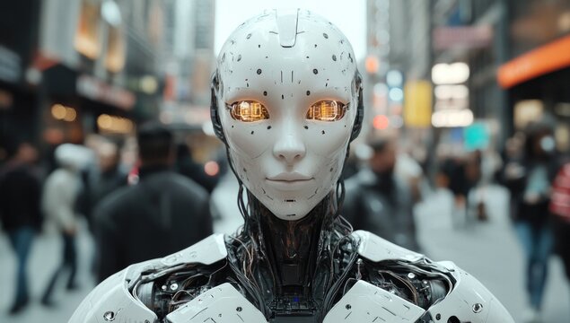 Futuristic humanoid robot stands amidst a busy city street, showcasing advanced machine integration while pedestrians engage in daily activities under the bright urban lights