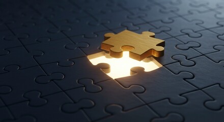 Completing Puzzle with Golden Piece to Brighten Dark Solution Concept