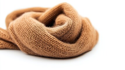Soft brown wool scarf, close-up, white background, texture