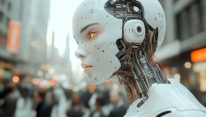 Futuristic humanoid robot stands amidst a busy city street, showcasing advanced machine integration while pedestrians engage in daily activities under the bright urban lights