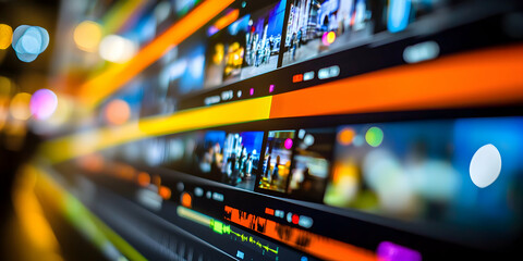 Colorful Digital Media Timeline Displaying Various Video Clips in a Blurred Creative Environment with Dynamic Lighting and Abstract Visual Flow