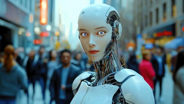 Futuristic humanoid robot stands amidst a busy city street, showcasing advanced machine integration while pedestrians engage in daily activities under the bright urban lights