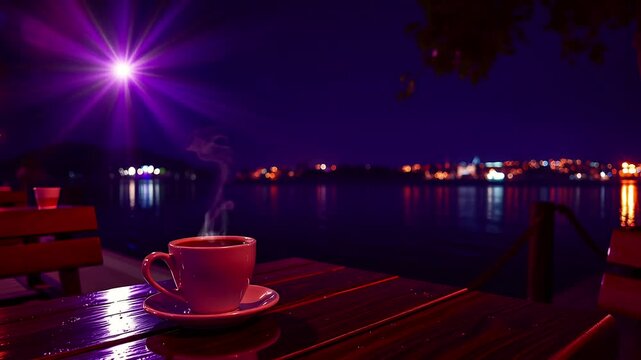 Coffee Under a Starry Night by the Riverside. Seamless looping time lapse animation video background  
