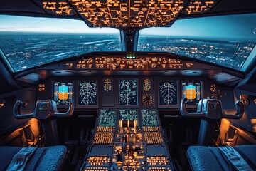 Airplane cockpit lights up at night, ready for takeoff