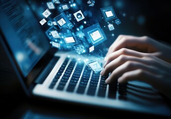 Hands Typing on Laptop with Floating Digital Icons