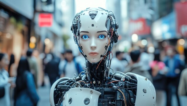 Futuristic humanoid robot stands amidst a busy city street, showcasing advanced machine integration while pedestrians engage in daily activities under the bright urban lights