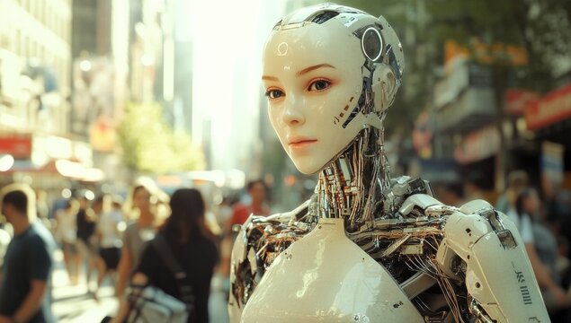 Futuristic humanoid robot stands amidst a busy city street, showcasing advanced machine integration while pedestrians engage in daily activities under the bright urban lights
