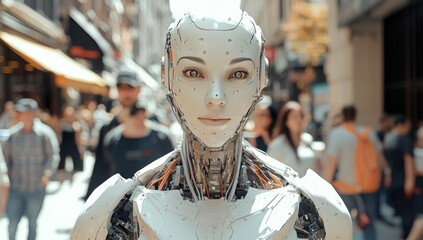 Futuristic humanoid robot stands amidst a busy city street, showcasing advanced machine integration while pedestrians engage in daily activities under the bright urban lights