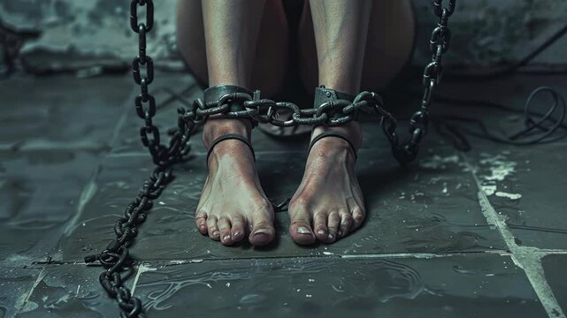 Slave feet close-up. Concept of slavery lack freedom. Prisoner sit floor in jail. Person struggle. Fighting slavery, oppression. legs prisoner in chains and shackles. Dangerous criminal. Human rights.