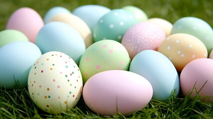 Fototapeta premium Pastel Colored Easter Eggs Arrayed on Fresh Green Grass Symbolizing Spring Festive Season Joy