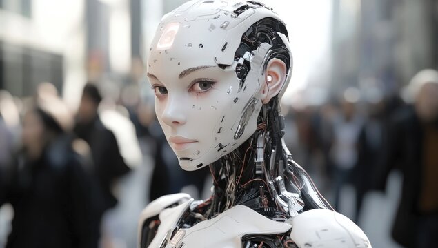 Futuristic humanoid robot stands amidst a busy city street, showcasing advanced machine integration while pedestrians engage in daily activities under the bright urban lights