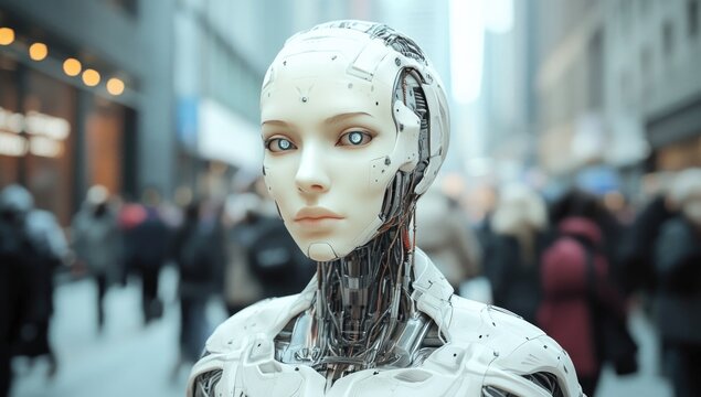 Futuristic humanoid robot stands amidst a busy city street, showcasing advanced machine integration while pedestrians engage in daily activities under the bright urban lights