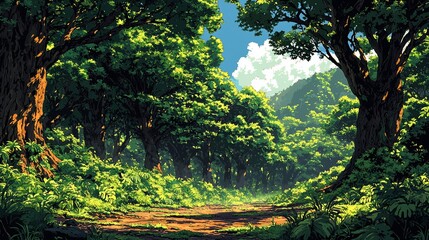 Obraz premium Lush green forest pathway under a bright blue sky with fluffy clouds in the background