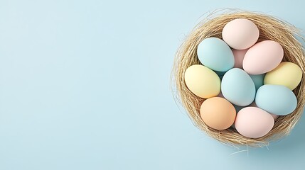 Pastel Colored Easter Eggs in a Woven Nest on a Light Blue Background Easter Spring Holidays
