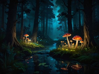 Magical Forest Pond Illuminated by Glowing Mushrooms in Mystical Nightlight