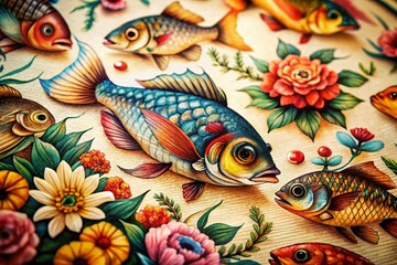 Ink Drawn Fish Illustrations with Floral Motifs:  Elegant Botanical Aquatic Art Prints
