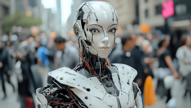 Futuristic humanoid robot stands amidst a busy city street, showcasing advanced machine integration while pedestrians engage in daily activities under the bright urban lights