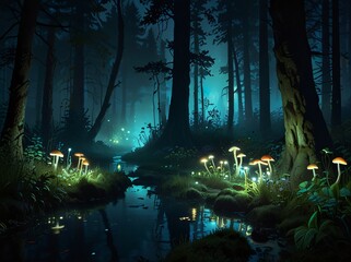 Obraz premium Serene night setting in a forest featuring luminous mushrooms and a tranquil water stream reflecting ambient light.