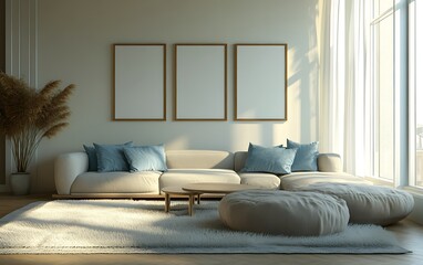Fototapeta premium Sunlit living room, beige sofa, three frames, fluffy rug, morning light