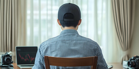Individual Sitting in a Checkered Shirt at a Home Workspace with Multiple Cameras and a Computer Displaying Data Analysis Beneath Natural Light from a Window