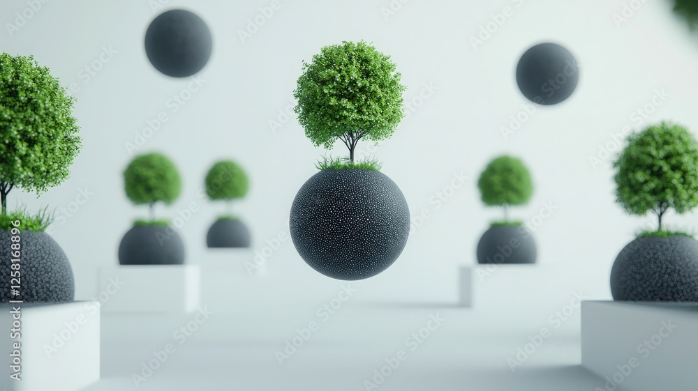 Aufkleber effects impact perspective concept. floating spherical trees in a minimalistic environment.