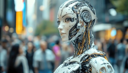 Futuristic humanoid robot stands amidst a busy city street, showcasing advanced machine integration while pedestrians engage in daily activities under the bright urban lights