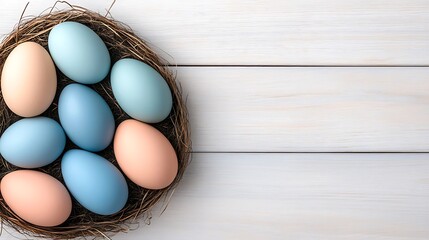 Pastel Colored Eggs in a Rustic Nest on White Wooden Background for Easter Celebration Holiday
