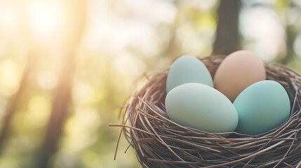 Pastel Colored Eggs in Bird Nest Symbolizing Springtime Renewal and New Beginnings Concept