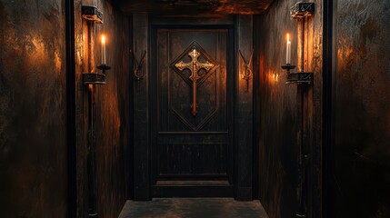Dark Gothic Cathedral Interior with Wooden Panel Elevator and Decorative Cross, Illuminated by Candlelight, Mystical Atmosphere