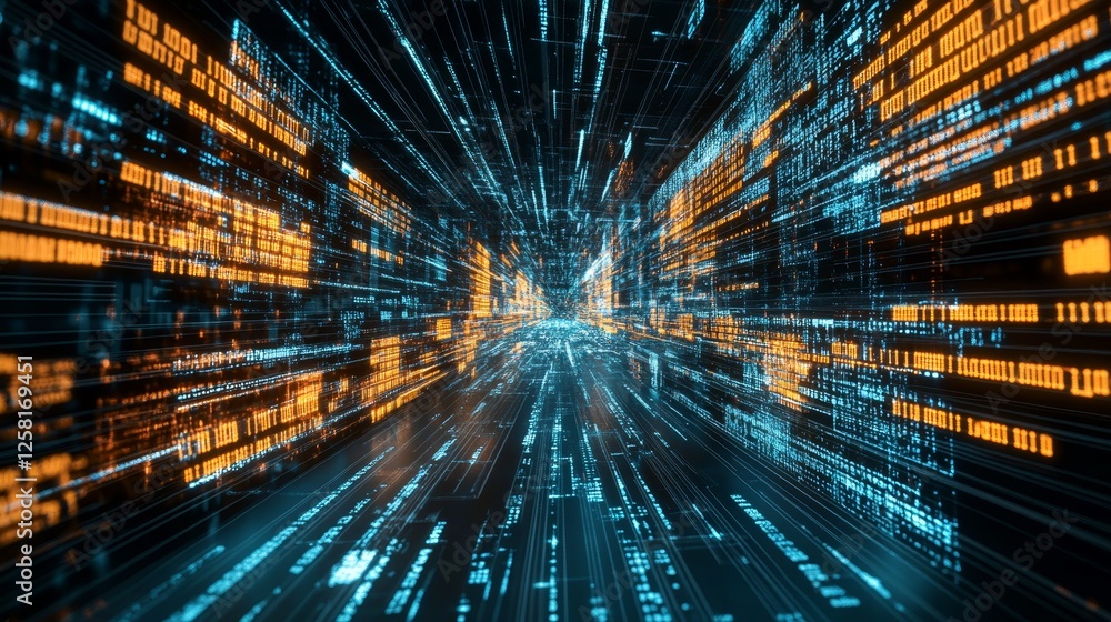 Poster futuristic code tunnel, digital data flow, abstract technology, vector graphic, 3d rendering