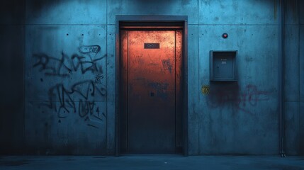 Abandoned Rusty Cargo Elevator Surrounded by Graffiti in a Deep, Forgotten Warehouse with Eerie Lighting and Signs of Distress