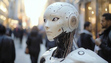 Fototapeta premium Futuristic humanoid robot stands amidst a busy city street, showcasing advanced machine integration while pedestrians engage in daily activities under the bright urban lights