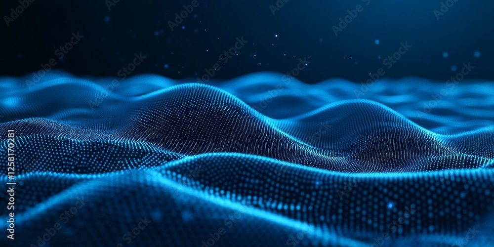 Poster abstract flowing grid - interconnected nodes, dynamic network in bright blue, futuristic design