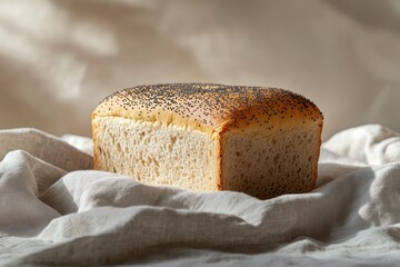 A loaf of poppy seed bread rests on a linen cloth, bathed in soft sunlight.