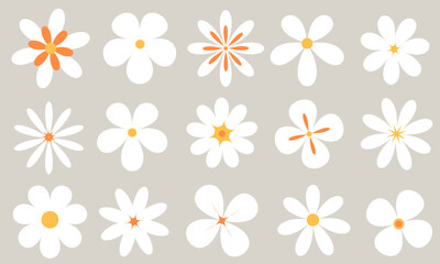 Groovy style white flowers set. Simple flowers minimalistic style. Geometric flower set. Vector illustrations