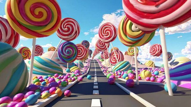 Whimsical video scene with a low-angle view of a candy landscape, featuring colorful lollipop trees and vibrant hills under a blue sky.