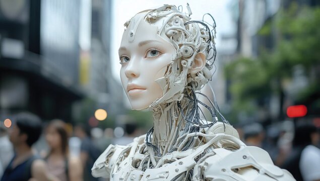 Futuristic humanoid robot stands amidst a busy city street, showcasing advanced machine integration while pedestrians engage in daily activities under the bright urban lights