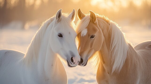 Palomino horses nuzzling tenderly in a snow-covered landscape, glowing under soft sunset light, capturing a tender and intimate moment between two beautiful animals.