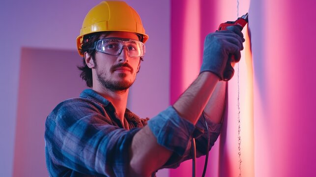 Skilled Worker Repairing Wall - A construction worker in safety gear meticulously repairs a wall, showcasing professionalism and expertise