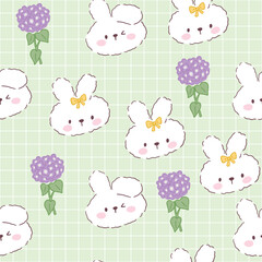 Cute rabbit kawaii face on a pastel green mint background with seamless grid texture and violet or purple flowers and yellow bow.