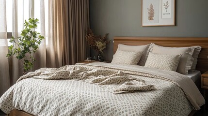 Patterned Blanket on Wooden Bed in Grey Bedroom: Comforting Bedding and Soft Decor Elements Enhancing the Aesthetic and Relaxation of a Serene Bedroom
