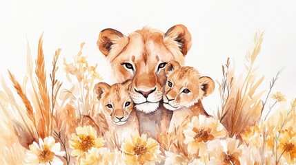 A watercolor illustration of a lioness with her two cubs surrounded by flowers.