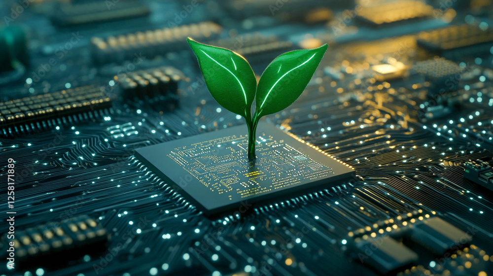 Poster a computer motherboard with two green shoots growing from a microchip.