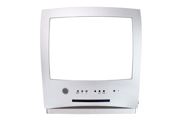 Old silver TV isolated on white background. Retro technology concept. Blank screen for text.Vintage...