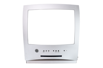 Old silver TV isolated on white background. Retro technology concept. Blank screen for text.Vintage TVs 1980s 1990s 2000s. 