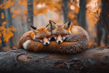 Obraz premium Two red foxes cuddling on a log in an autumn forest, a heartwarming scene of wildlife.