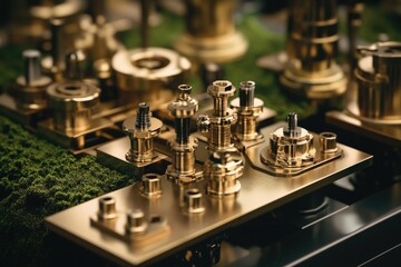 Intricate golden mechanical components arranged on a mossy surface, showcasing precision engineering.