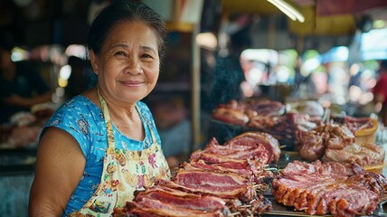 Smiling vendor showcasing delicious grilled meats at a vibrant local market, highlighting traditional street food culture in a lively community setting