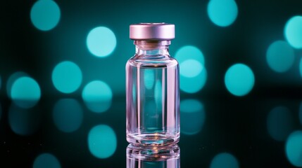 Small Medical Vial on Reflective Surface - A single, small medical vial sits on a reflective surface against a bokeh background, symbolizing healthcare, science, medicine, research, and innovation