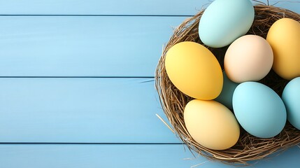 Pastel Easter Eggs in a Nest on Light Blue Wooden Background for Spring Holiday Celebration